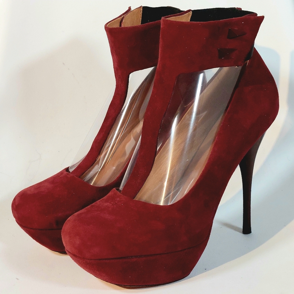 L.A.M.B. Burgundy suede Blade T-strap stiletto platform pumps, 9.5, never worn